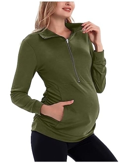 GINKANA Maternity Women's Long Sleeve Shirt Half Zipper Lapel Lightweight Casual Maternity Pullover with Pockets