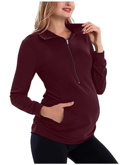 GINKANA Maternity Women's Long Sleeve Shirt Half Zipper Lapel Lightweight Casual Maternity Pullover with Pockets