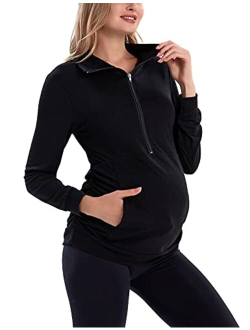 GINKANA Maternity Women's Long Sleeve Shirt Half Zipper Lapel Lightweight Casual Maternity Pullover with Pockets