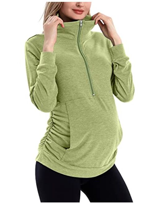 GINKANA Maternity Women's Long Sleeve Shirt Half Zipper Lapel Lightweight Casual Maternity Pullover with Pockets