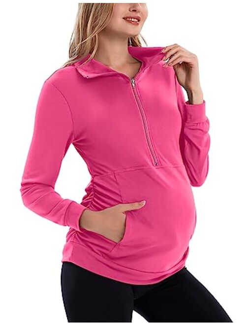 GINKANA Maternity Women's Long Sleeve Shirt Half Zipper Lapel Lightweight Casual Maternity Pullover with Pockets