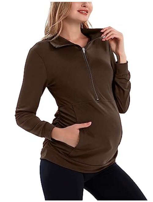 GINKANA Maternity Women's Long Sleeve Shirt Half Zipper Lapel Lightweight Casual Maternity Pullover with Pockets