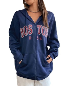 Women's Zip Front Drawstring Hoodie Pullover Long Sleeve Casual Sweatshirt Top