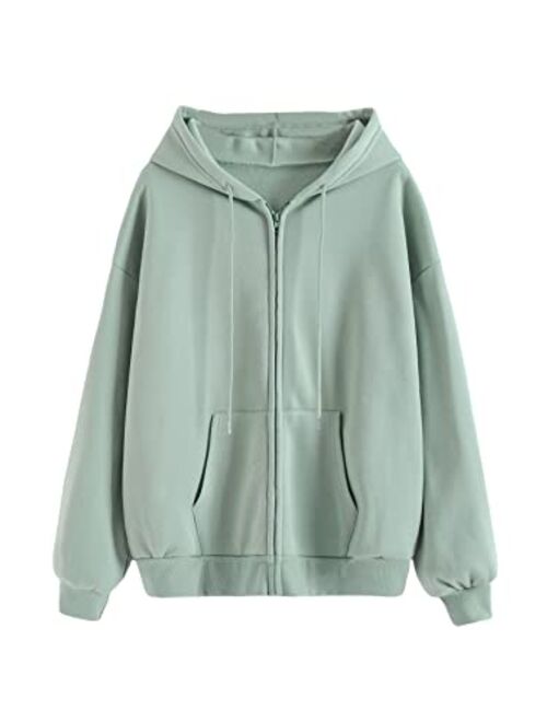 WDIRARA Women's Zip Front Drawstring Hoodie Pullover Long Sleeve Casual Sweatshirt Top