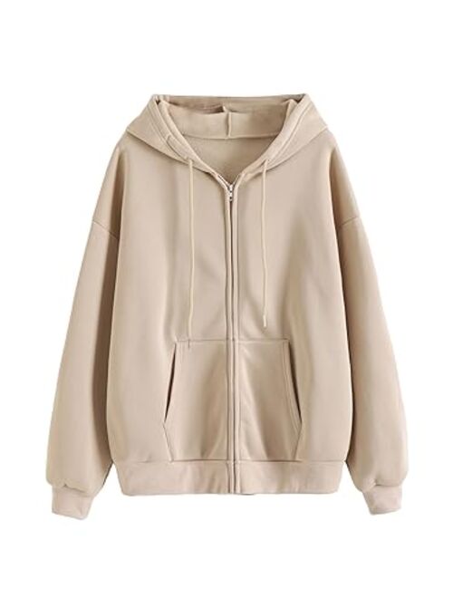 WDIRARA Women's Zip Front Drawstring Hoodie Pullover Long Sleeve Casual Sweatshirt Top