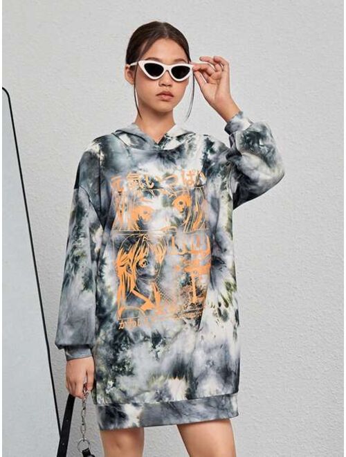 Shein Teen Girl Tie Dye Figure Graphic Drop Shoulder Hooded Dress