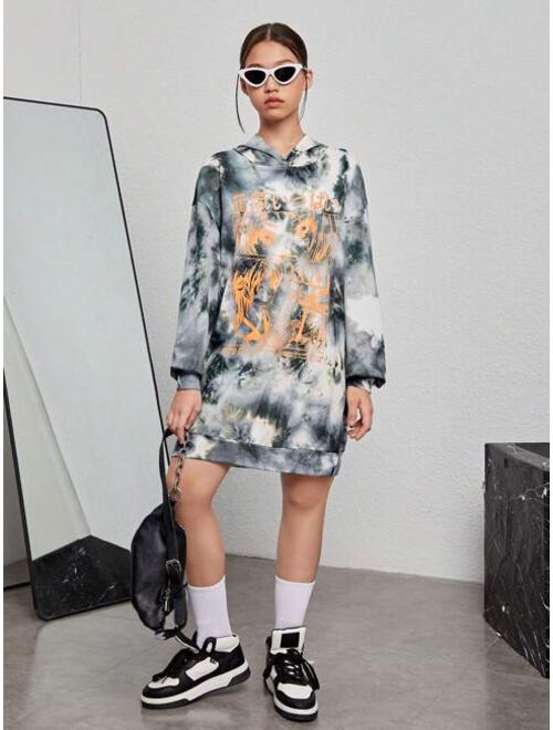 Shein Teen Girl Tie Dye Figure Graphic Drop Shoulder Hooded Dress