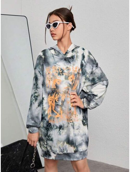 Shein Teen Girl Tie Dye Figure Graphic Drop Shoulder Hooded Dress