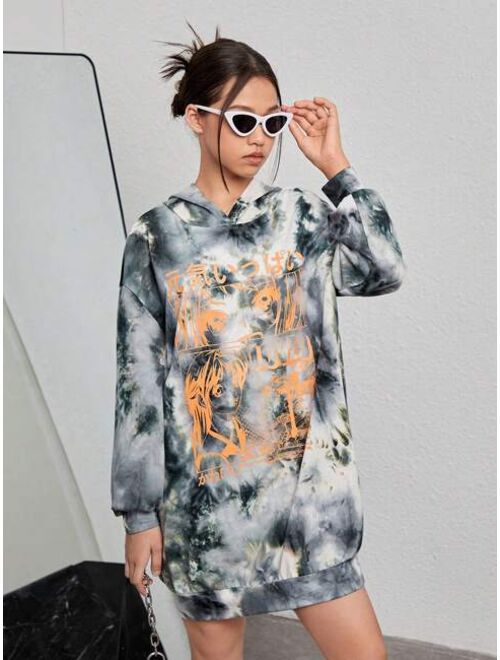 Shein Teen Girl Tie Dye Figure Graphic Drop Shoulder Hooded Dress