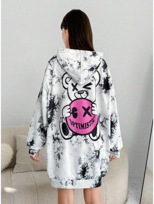 Shein Teen Girl Tie Dye Cartoon Graphic Drop Shoulder Hooded Sweatshirt Dress