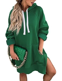 Women's Casual Pullover Sweatshirt Long Sleeve Split Hem Hoodie Dress with Kangaroo Pocket