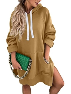 Women's Casual Pullover Sweatshirt Long Sleeve Split Hem Hoodie Dress with Kangaroo Pocket