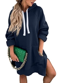 Women's Casual Pullover Sweatshirt Long Sleeve Split Hem Hoodie Dress with Kangaroo Pocket