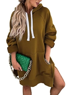 Women's Casual Pullover Sweatshirt Long Sleeve Split Hem Hoodie Dress with Kangaroo Pocket