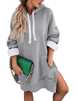 Women's Casual Pullover Sweatshirt Long Sleeve Split Hem Hoodie Dress with Kangaroo Pocket