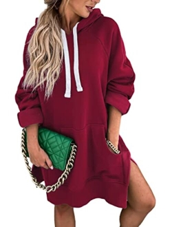 Women's Casual Pullover Sweatshirt Long Sleeve Split Hem Hoodie Dress with Kangaroo Pocket