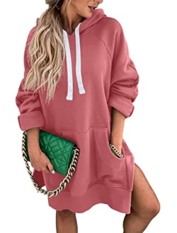 Women's Casual Pullover Sweatshirt Long Sleeve Split Hem Hoodie Dress with Kangaroo Pocket