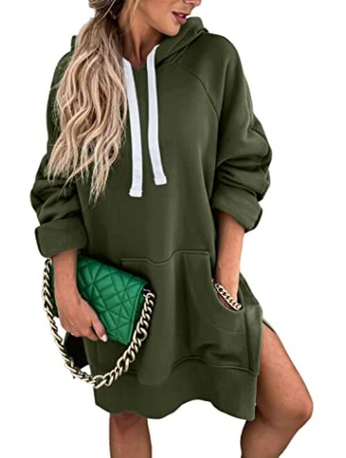 PRETTYGARDEN Women's Casual Pullover Sweatshirt Long Sleeve Split Hem Hoodie Dress with Kangaroo Pocket