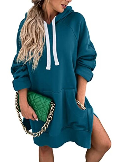 PRETTYGARDEN Women's Casual Pullover Sweatshirt Long Sleeve Split Hem Hoodie Dress with Kangaroo Pocket