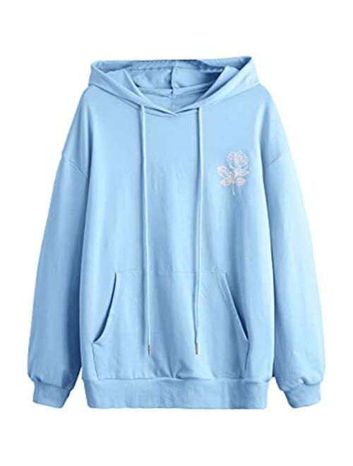 SweatyRocks Women's Casual Rose Print Long Sleeve Pullover Hoodie Sweatshirt Tops