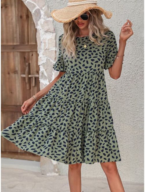 SHEIN VCAY Allover Print Flounce Sleeve Ruffle Hem Smock Dress