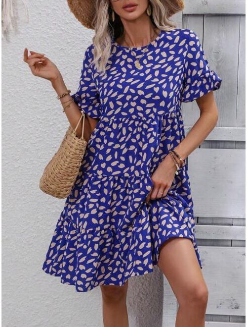 SHEIN VCAY Allover Print Flounce Sleeve Ruffle Hem Smock Dress