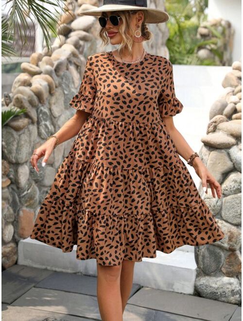 SHEIN VCAY Allover Print Flounce Sleeve Ruffle Hem Smock Dress