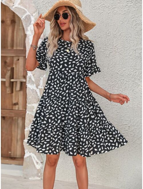 SHEIN VCAY Allover Print Flounce Sleeve Ruffle Hem Smock Dress