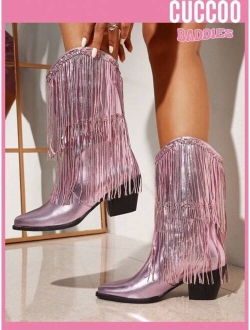 CUCCOO Baddie Collection Women Fringe & Sequins Decor Point Toe Chunky Heeled Western Boots, Glamorous Outdoor Boots