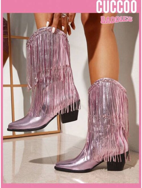 CUCCOO Baddie Collection Women Fringe & Sequins Decor Point Toe Chunky Heeled Western Boots, Glamorous Outdoor Boots