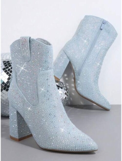 Rhinestone Decor Side Zipper Chunky Boots