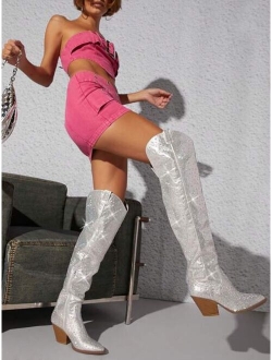 Rhinestone Knee High Block Heel Boots