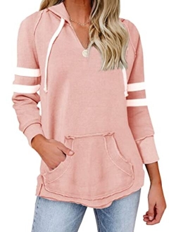 Womens V Neck Hoodies with Pockets Long Sleeve Striped Pullover Tops Sweatshirt