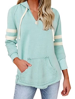Womens V Neck Hoodies with Pockets Long Sleeve Striped Pullover Tops Sweatshirt