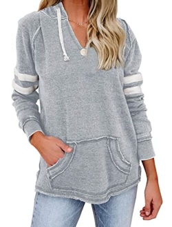 Womens V Neck Hoodies with Pockets Long Sleeve Striped Pullover Tops Sweatshirt