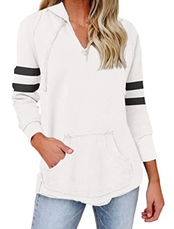 Womens V Neck Hoodies with Pockets Long Sleeve Striped Pullover Tops Sweatshirt