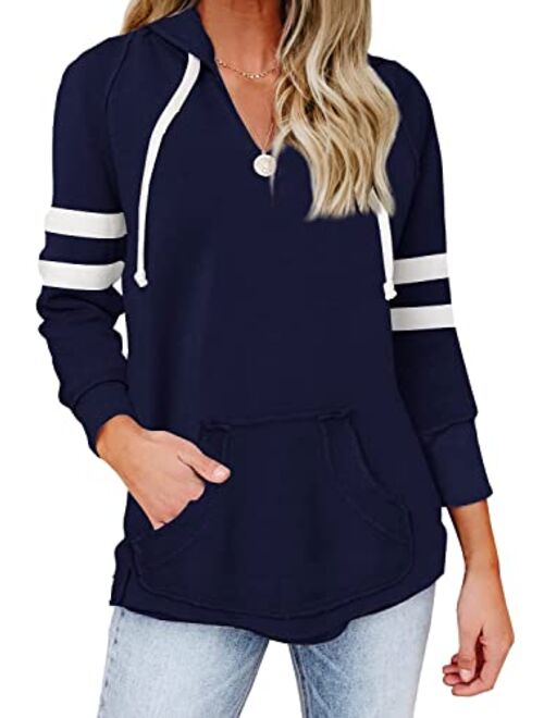 Fashare Womens V Neck Hoodies with Pockets Long Sleeve Striped Pullover Tops Sweatshirt