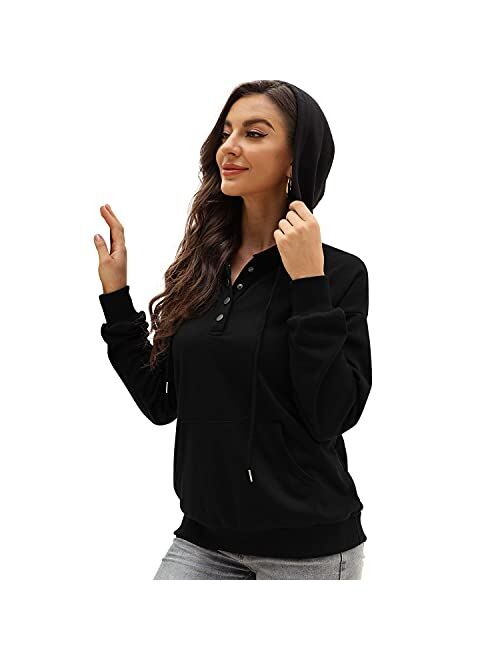 Davenil Womens Hoodies Sweatshirts Casual Long Sleeve Half Zip/Button Down Pullover Drawstring Loose Tops with Pockets