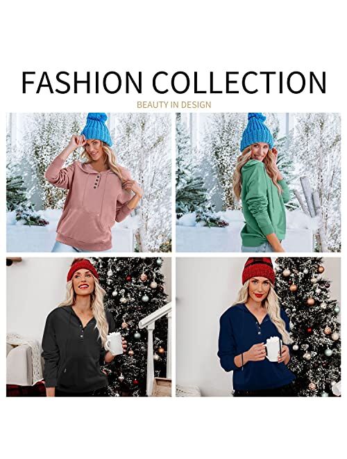 Davenil Womens Hoodies Sweatshirts Casual Long Sleeve Half Zip/Button Down Pullover Drawstring Loose Tops with Pockets