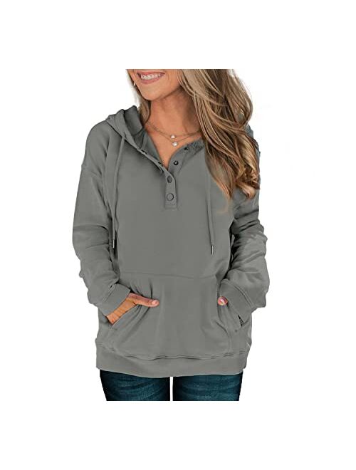 Davenil Womens Hoodies Sweatshirts Casual Long Sleeve Half Zip/Button Down Pullover Drawstring Loose Tops with Pockets