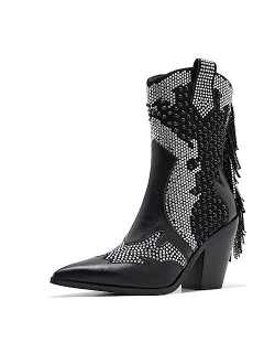 BECKNAD Ankle Boots for Women Chunky Heel Rivet Western Cowboy Boots With Tassel Pointed Toe Rhinestone Boots Womens Cowgirl Booties