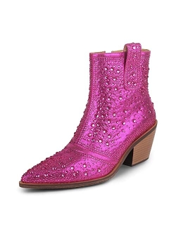 ISNOM Rhinestone Cowboy Boots Sparkly Ankle Boots with Pointed Toe and Chunky Heel Design