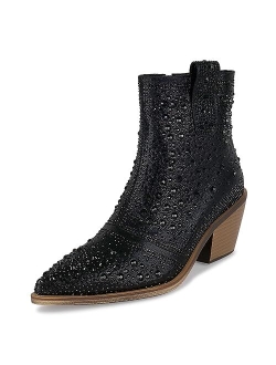 ISNOM Rhinestone Cowboy Boots Sparkly Ankle Boots with Pointed Toe and Chunky Heel Design