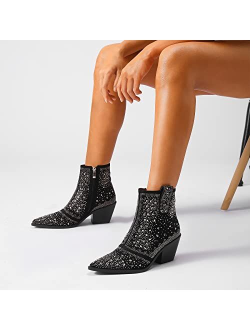 ISNOM Rhinestone Cowboy Boots Sparkly Ankle Boots with Pointed Toe and Chunky Heel Design