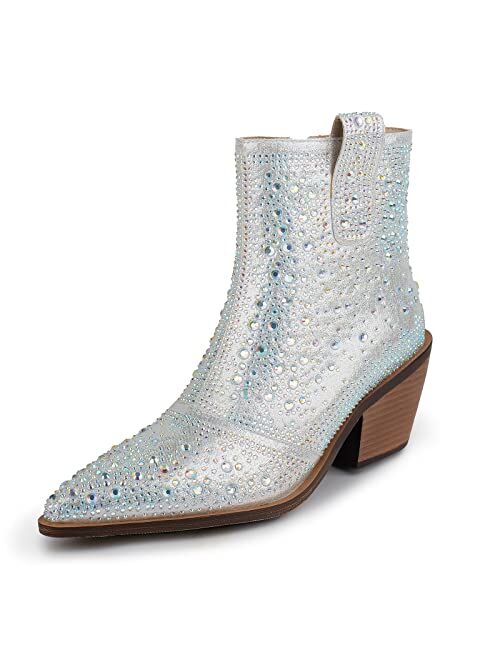 ISNOM Rhinestone Cowboy Boots Sparkly Ankle Boots with Pointed Toe and Chunky Heel Design