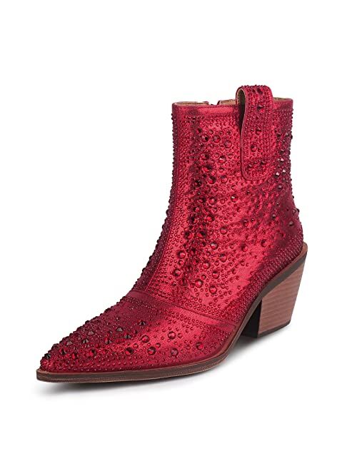 ISNOM Rhinestone Cowboy Boots Sparkly Ankle Boots with Pointed Toe and Chunky Heel Design