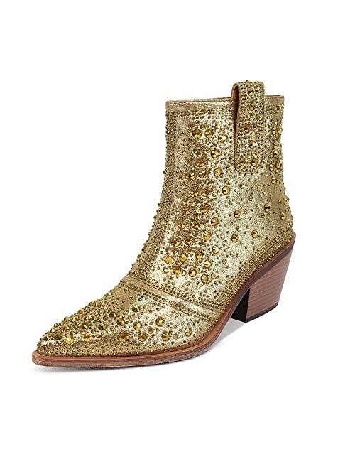 ISNOM Rhinestone Cowboy Boots Sparkly Ankle Boots with Pointed Toe and Chunky Heel Design