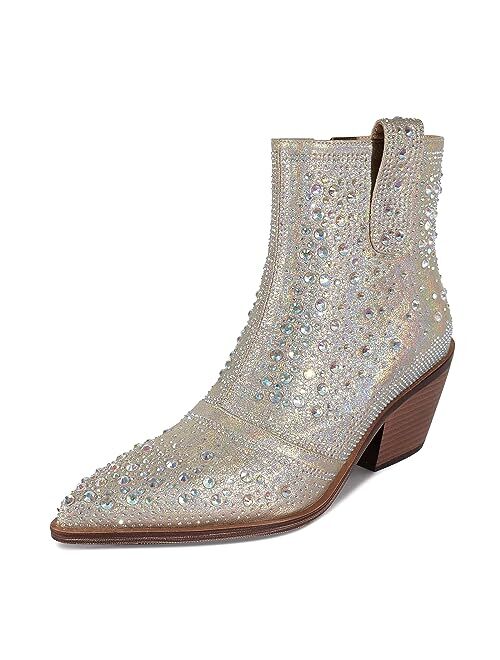 ISNOM Rhinestone Cowboy Boots Sparkly Ankle Boots with Pointed Toe and Chunky Heel Design