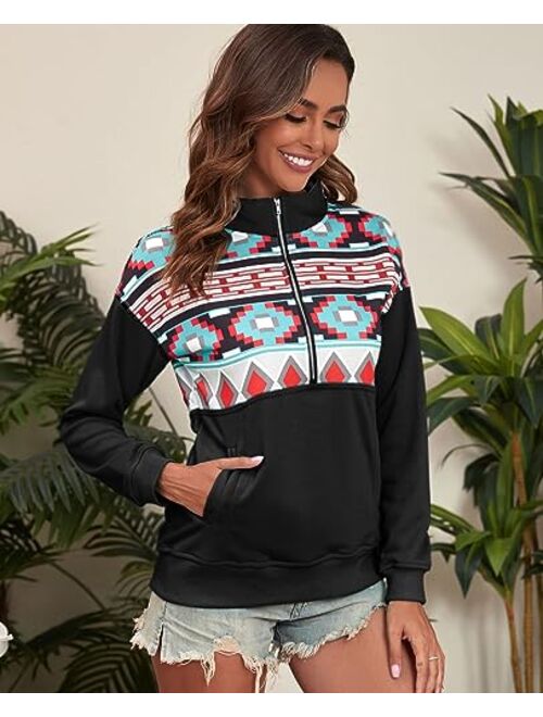 LEMAFER Women's Casual Aztec Geometric Zipper Collar Pullover Sweatshirt