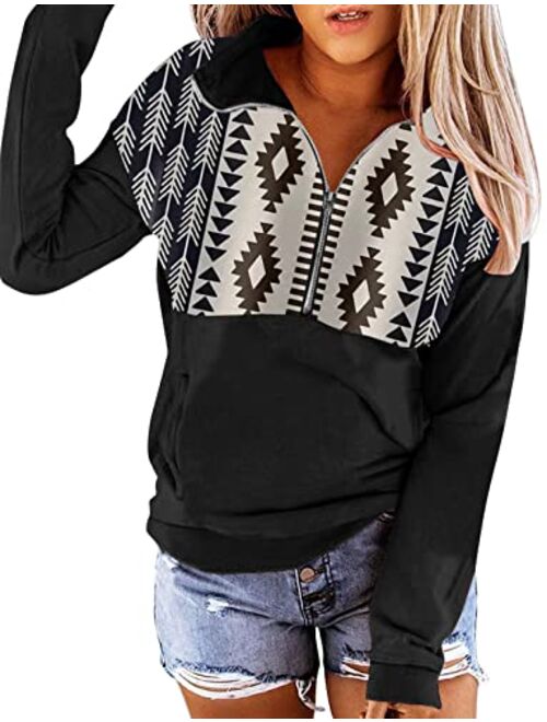 LEMAFER Women's Casual Aztec Geometric Zipper Collar Pullover Sweatshirt